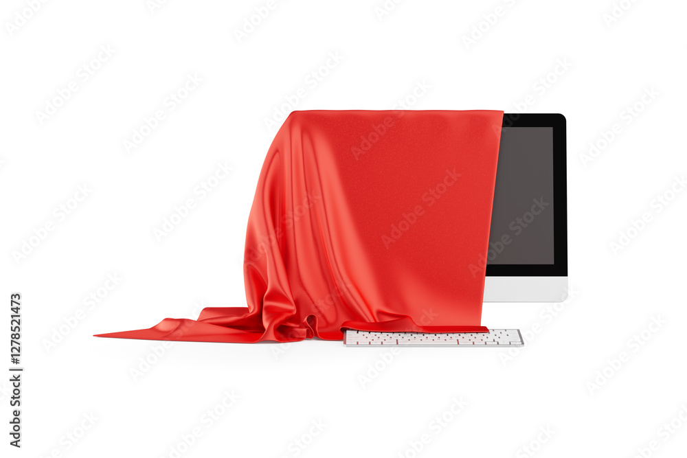 Poster desktop computer covered with red silk cloth, presentation of new desktop computer. 3d rendering