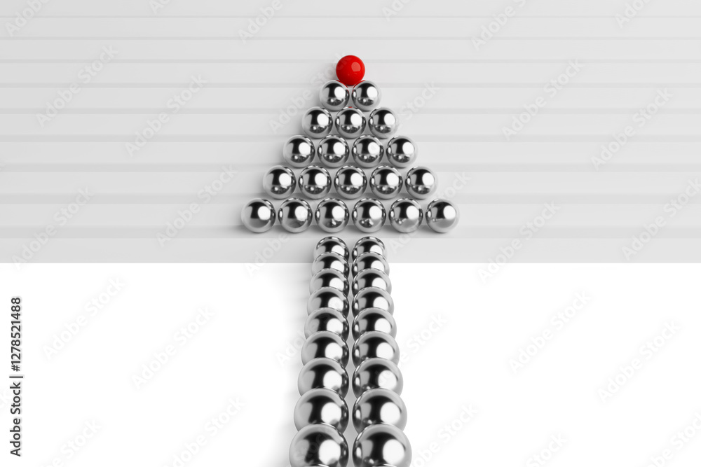 Aufkleber Leadership Concept. Rows of Balls in the Form of an Arrow Ascending Steps with Red in Front. 3d Rendering