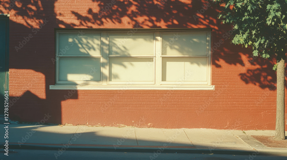 Poster urban brick wall with shadowed window and tree in soft afternoon light