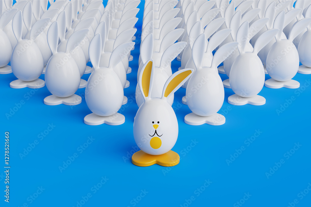 Poster rows of cartoon mascot character person rabbit in shape of easter egg. 3d rendering