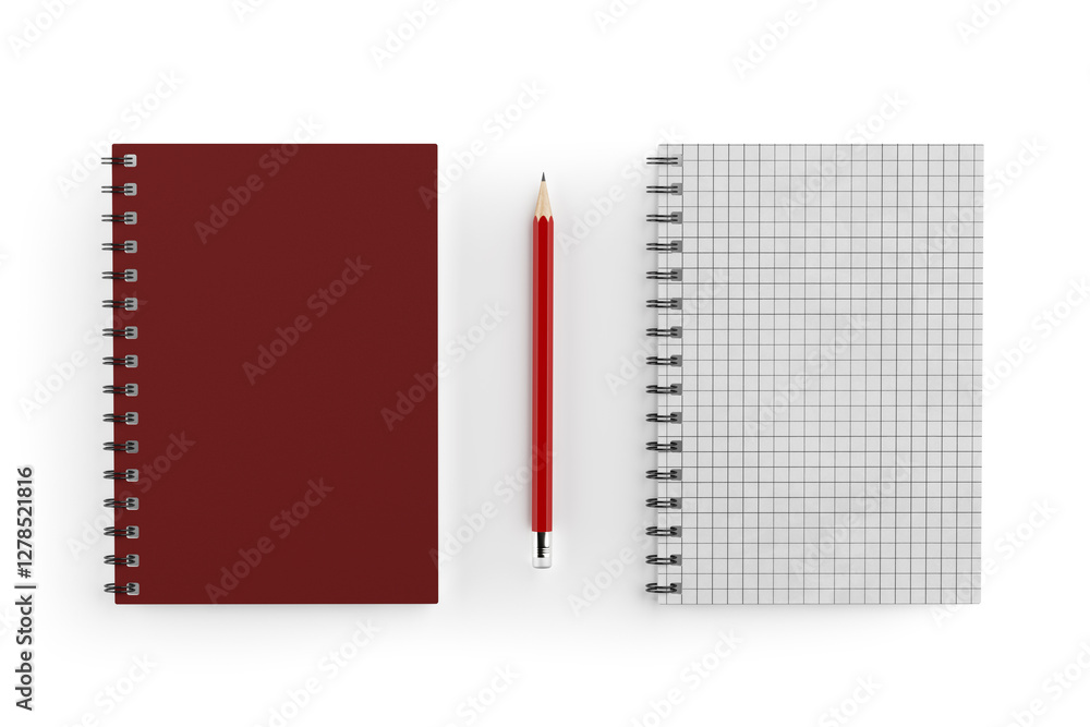 Aufkleber Top View of Red One Closed and One Opened  Spiral Paper Cover Notebook with Blank Space for Yours Design and Red Pencil. 3d Rendering