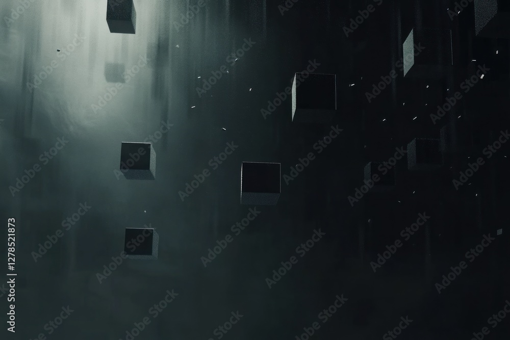 Poster dark abstract background with falling cubes and fog.