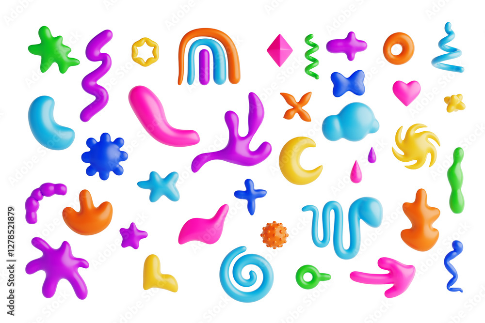 Poster colorful bizarre organic abstract geometric shapes, figures, forms and graphic elements. 3d renderin