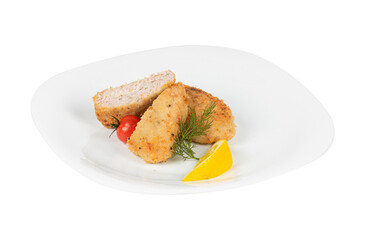 A white plate elegantly topped with delicious fried food and a slice of lemon