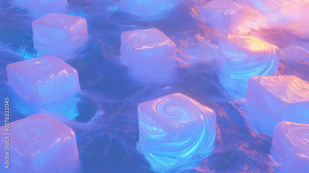 Poster abstract neon spiral texture on smooth cubes with light effects