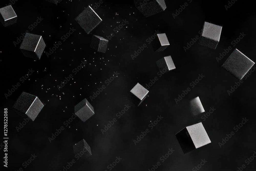 Poster dark abstract background with floating metallic cubes and particles.