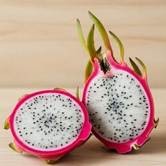 A photorealistic close-up of sliced dragon fruit on a light wooden background. Soft lighting and space for text. Perfect for ads, blogs, and UI/UX.