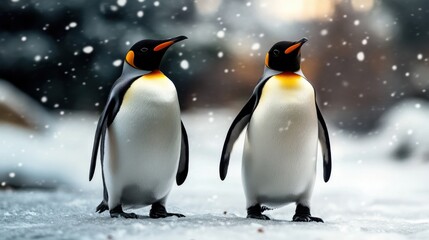 Fototapeta premium Extreme cold climate with penguins adapting, frozen tundra, snow-covered ground, peaceful and undisturbed environment