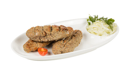 A plate of meat and fresh vegetables on a clean white background