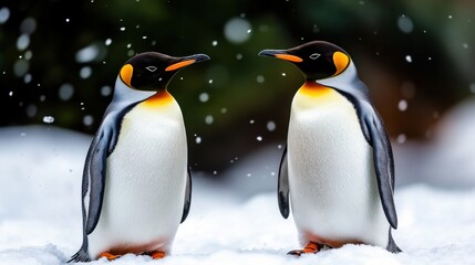 Fototapeta premium Extreme cold climate with penguins adapting, frozen tundra, snow-covered ground, peaceful and undisturbed environment