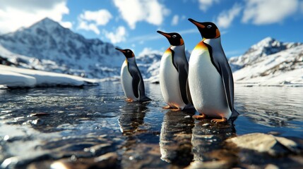 Fototapeta premium Extreme cold climate with penguins adapting, frozen tundra, snow-covered ground, peaceful and undisturbed environment