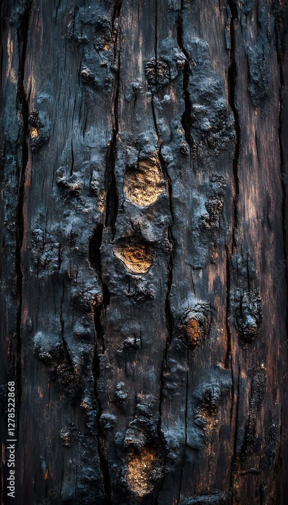 Poster close up of a darkly charred tree trunk with details