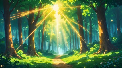 Obraz premium Stunning anime forest scene with golden sunbeams filtering through dense tree canopies