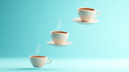 Obraz premium Floating coffee cups, blue backdrop, ad