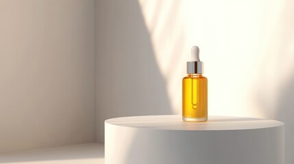 Serum bottle, minimalist studio, sunlight