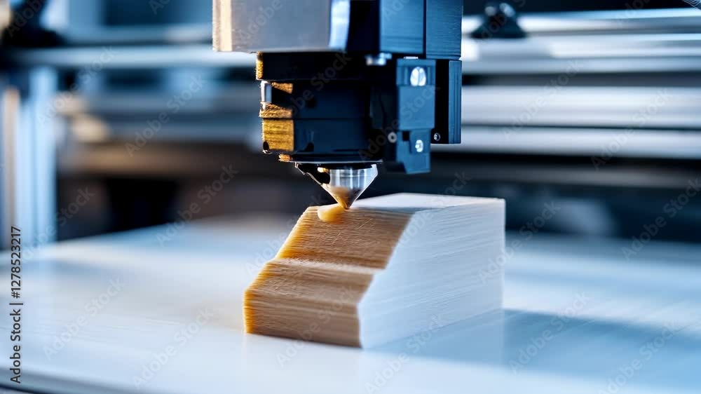 Poster close up view of a 3d printer nozzle depositing beige filament onto a partially printed object. the 