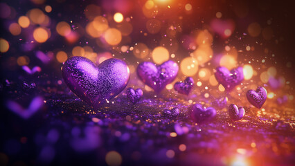 beautiful 3D Hearts, decorated with intricate ornamentation,  scattered in gold and purple space. futuristic environment