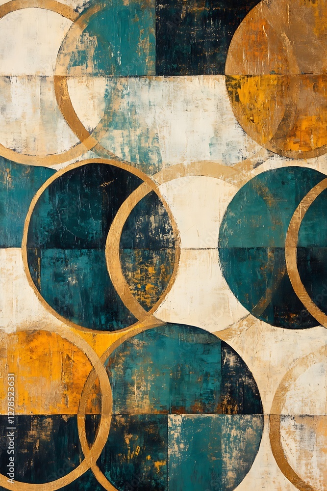 Poster abstract background featuring overlapping circles in cream, gold, and teal with a soft and artistic 