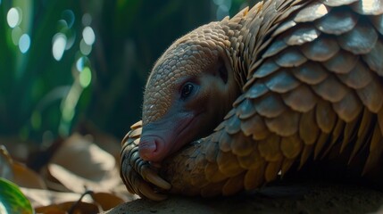 Obraz premium The view of the pangolin is decorated with grass and sunlight
