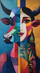 An abstract painting of the head and neck profile portrait, woman and cow

