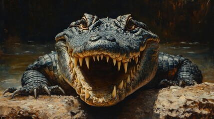 Obraz premium A striking oil painting captures an imposing crocodile's head in detail; its gaping jaws display razor-sharp teeth menacingly, set against a textured background, evoking power and primal grace