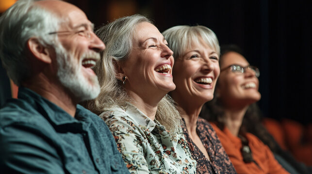 a group of senior friends smiling and laughing while enjoying a live theater performance in a warmly lit intimate setting
