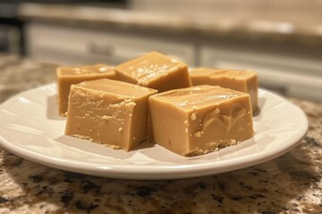 Caramel fudge squares on white paper lined tray. AI image