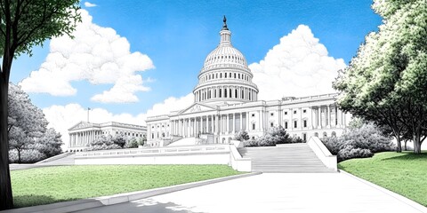 Fototapeta premium Drawing of washington monument capitol hill illustrated artwork outdoor landscape eye-level perspective touristic attraction