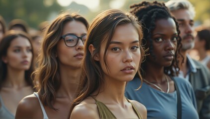Fototapeta premium Three Young Women of Diverse Ethnicities in a Crowd