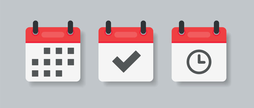 Set vector square icons page calendar  rk agenda app, time, watch, deadline, date page icon and mark done, yes, success, check, approved, confirm. Reminder, schedule line simple sign