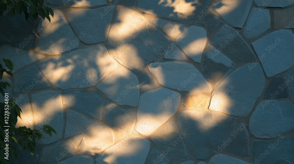 Poster textured stone tile wall with sunlight patterns and natural shadows