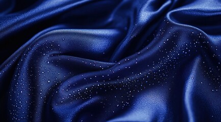 Fototapeta premium Dark blue satin fabric with water droplets.