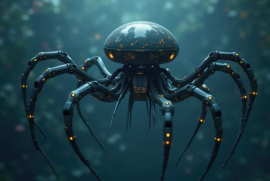 Mechanical spider drone patrolling dark forest at night