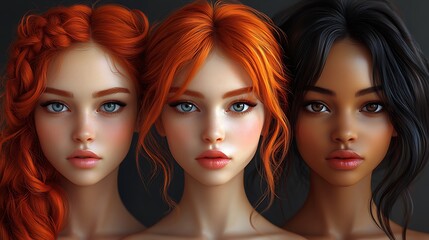 Obraz premium Three Women with Braided Red, Flowing Orange, and Sleek Black Hairstyles