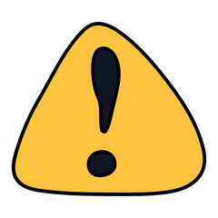 Hand drawn cartoon exclamation point in a triangle on a white background.