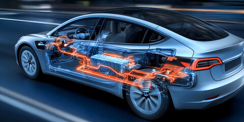 Obraz premium Electric car technical cutaway analysis automotive industry infographic design urban environment dynamic