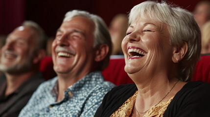 Obraz premium an elderly couple laughing joyfully in a theater with red seats enjoying a lively performance in a warm and cheerful atmosphere 