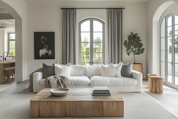 Elegant minimalist interior with white sofa with plush cushions in a bright, modern living room.