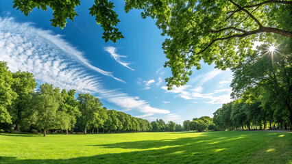 Expansive green park, sunlit meadow, lush trees framing view, vibrant grass, blue sky with wispy clouds, serene landscape, summer day, nature photography, wide-angle shot, high contrast, vivid colors