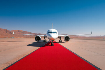 A private jet parked on the runway with a luxurious red carpet extending under a clear blue sky