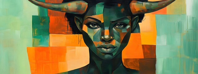 An abstract painting of the head and neck profile portrait, woman and cow
