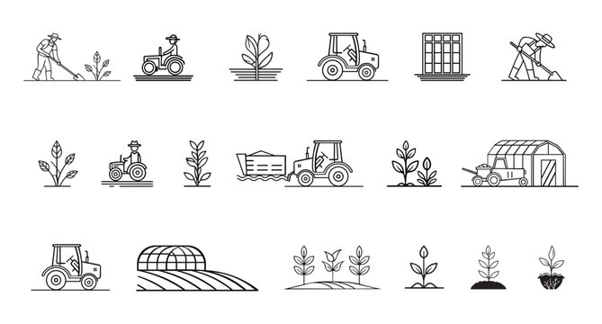 Agriculture and farming editable stroke outline icons set &ndash; soil, farming, planting, tractors, greenhouses, crop cultivation, and harvesting - flat vector illustration isolated on white background.

