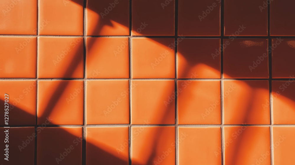 Poster orange tile pattern with dark grout and sunlit shadows for interior design concepts
