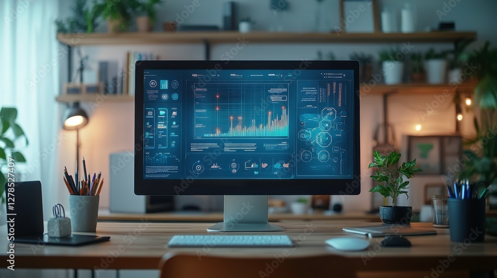 Poster a modern workspace featuring a sleek monitor displaying data analytics, surrounded by plants and org