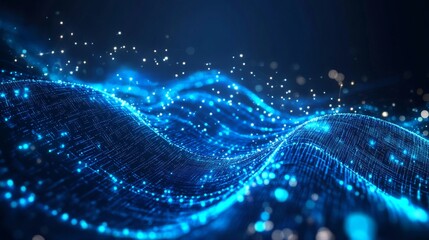 Dynamic Blue Cyber Technology Wave with Bright Particles and Glow