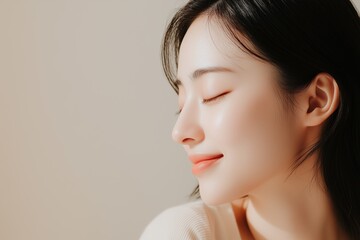 Fototapeta premium Beautiful asian woman relaxing with eyes closed, enjoying peace and serenity