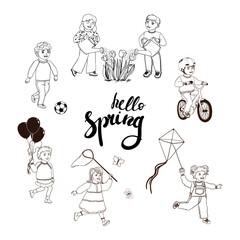 Naklejka premium Vector Black Outline Illustration Set of Cute Children Activities in the Spring Isolated on White Background
