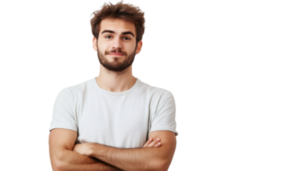 Confident young professional crossing arms, standing against transparent backdrop, ready for graphic design project