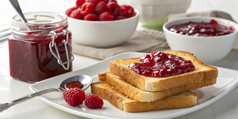 Toast slices, raspberry jam jar, fresh raspberries, white bowl, wooden table, breakfast scene, rustic kitchen, soft lighting, vibrant red, creamy white, golden brown bread, glass jar, spreading knife