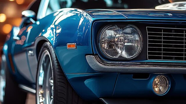an American muscle car, highlighting its bold front grille, polished chrome, and aggressive stance.